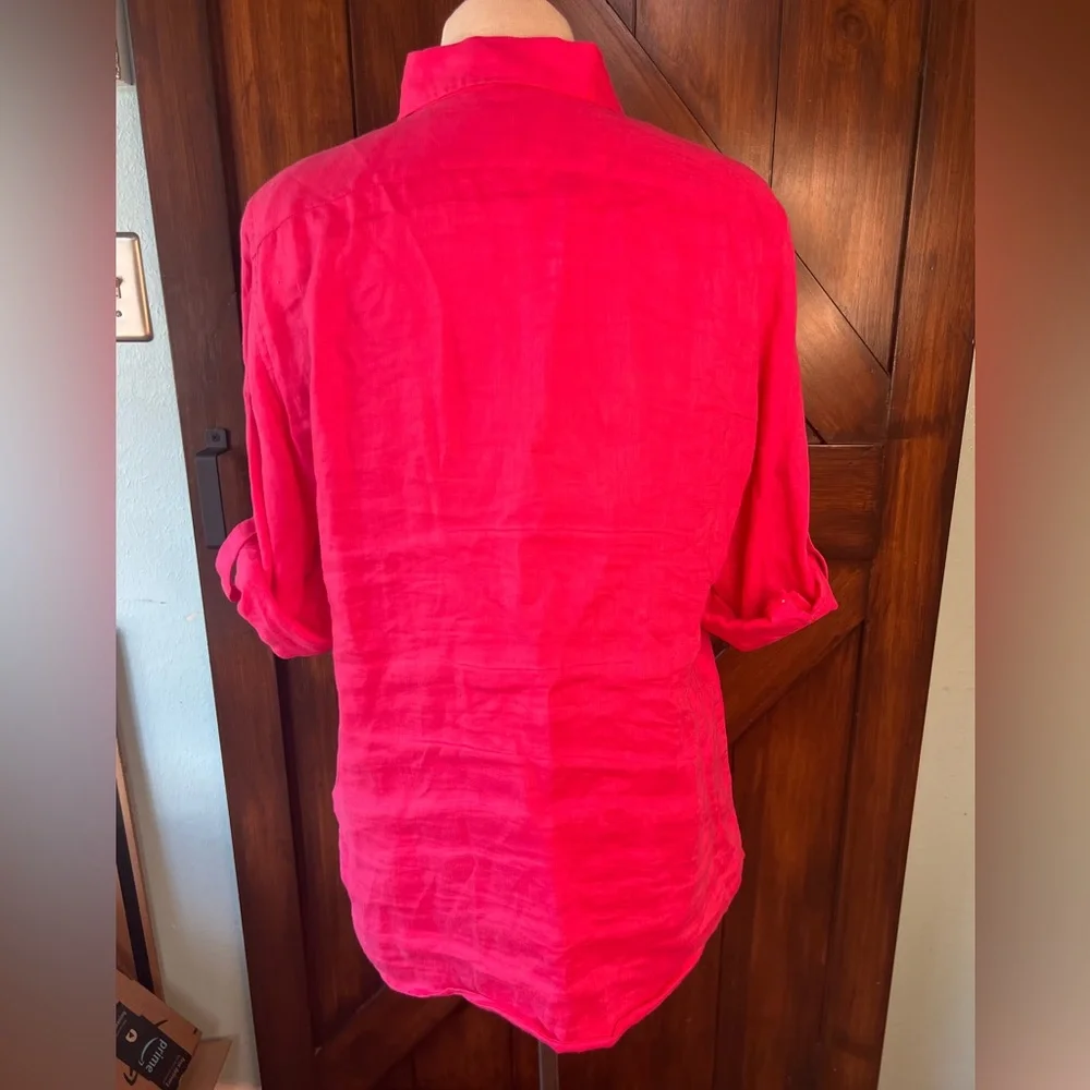 Lauren Ralph Lauren 100% Linen Vibrant Pink 3/4 Sleeve Tunic Shirt Blouse M - Picture 3 of 6